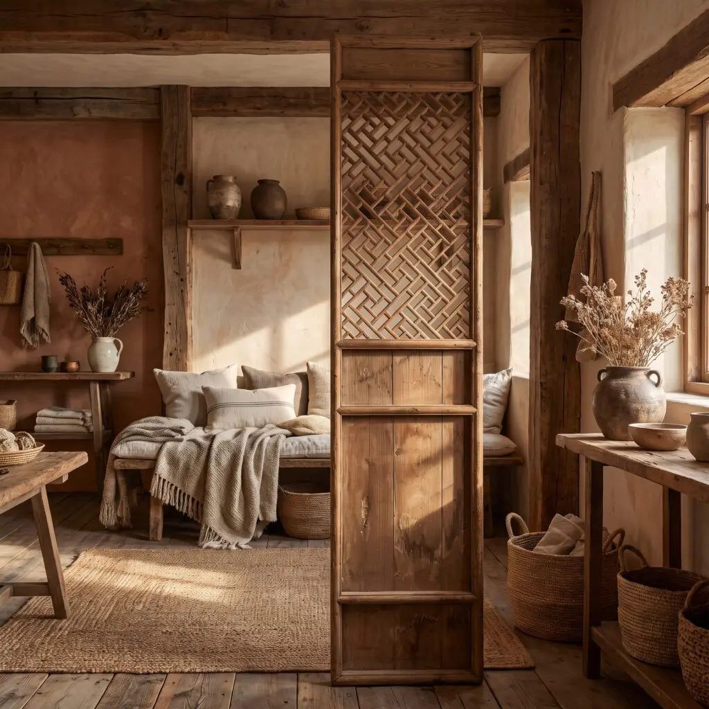 Rustic living room with exposed timber beams, a carved wooden screen, shelves holding pottery, and woven baskets with neutral textiles.