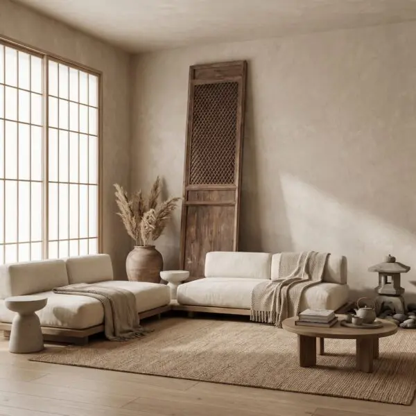 Living room with beige walls, a large grid-window on the left and a tall wooden lattice screen leaning against the wall.