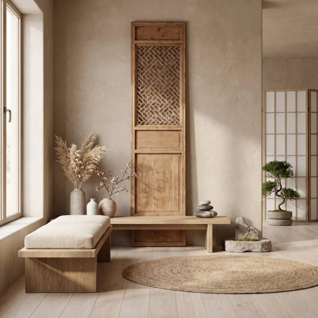 Minimalist beige living space with a tall wooden cabinet featuring a woven lattice panel, flanked by windows and a low wooden bench with cushions