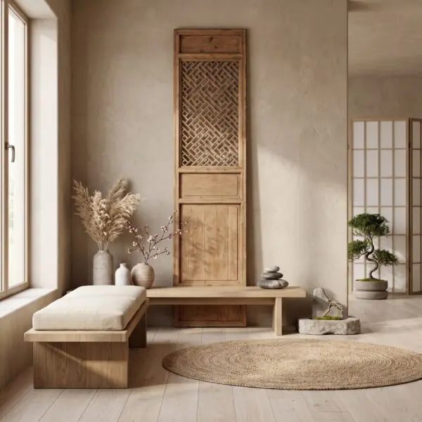 Minimalist beige living space with a tall wooden cabinet featuring a woven lattice panel, flanked by windows and a low wooden bench with cushions