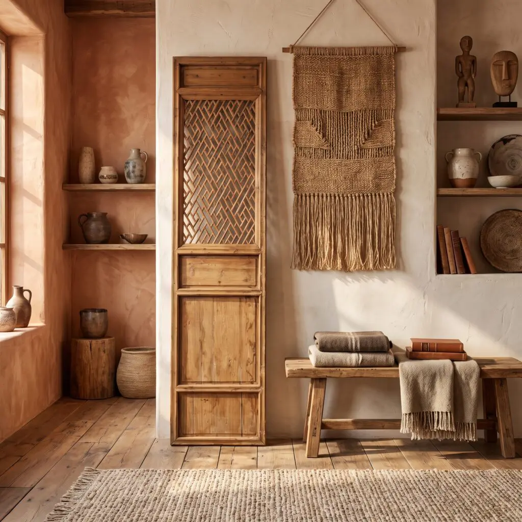 Rustic interior with wooden cabinet, woven wall hanging, and shelves displaying ceramics in warm, earthy tones.