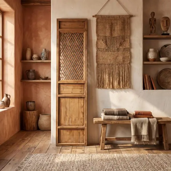 Rustic interior with wooden cabinet, woven wall hanging, and shelves displaying ceramics in warm, earthy tones.