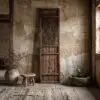 Rustic room with a tall wooden lattice screen between two posts, a ceramic vase with bare branches, and a textured rug.