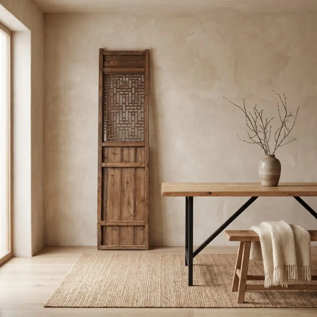 Corner of a neutral room with a tall wooden lattice panel beside a light wood table and a vase of bare branches on the right.