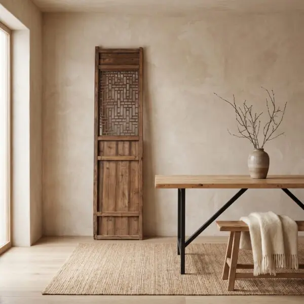 Corner of a neutral room with a tall wooden lattice panel beside a light wood table and a vase of bare branches on the right.