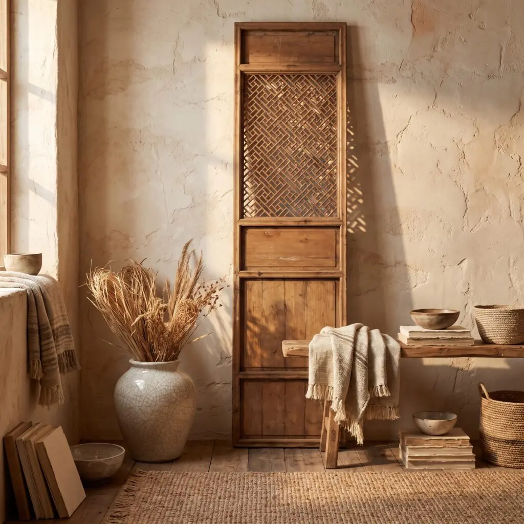 Rustic indoor scene with a tall wooden cabinet, textured beige walls, and bundles of dried grasses in a large ceramic vase beside woven baskets and folded blankets on a wooden floor.