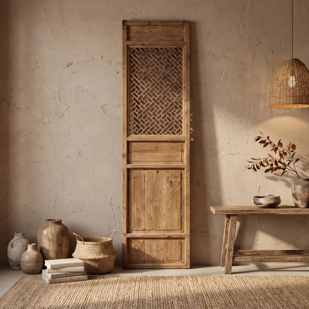Rustic interior: a tall wooden cabinet against a textured beige wall with ceramic vases and a woven basket nearby, plus a wicker pendant lamp on the right.