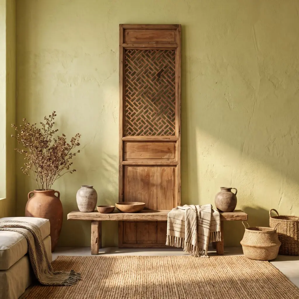 Rustic wooden cabinet with a lattice panel stands against a warm yellow wall, topped with simple pottery and textiles nearby.