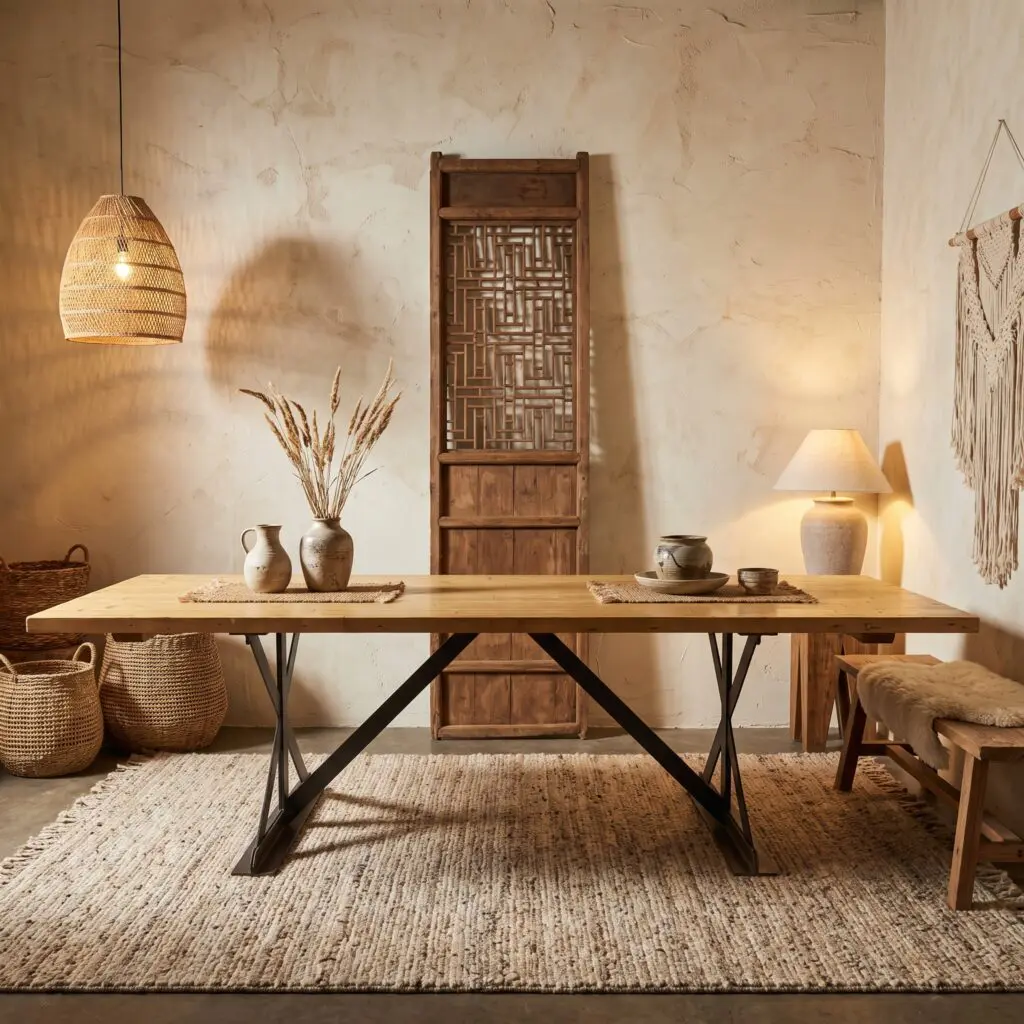 Rustic dining area with a wooden table, wicker baskets, ceramic vases, and a carved wooden screen on a beige textured wall.