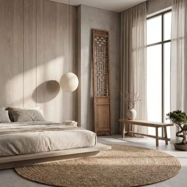 Bedroom corner with a low wooden platform bed, beige bedding, and a large circular woven jute rug on a light concrete floor.