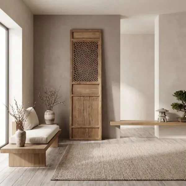 Minimalist interior with a tall wooden cabinet, beige walls, a low bench, and a large woven rug by a sunlit window.