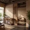 Interior of a traditional wooden room with a lattice screen, exposed beams, and potted greenery.