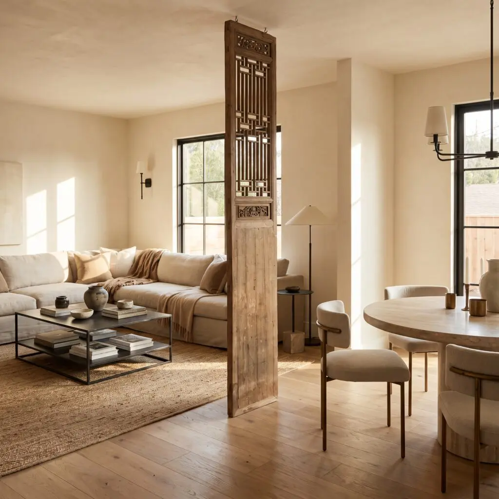 Living room with a carved wooden room divider separating a beige sofa from a sunlit seating area and large windows behind it
