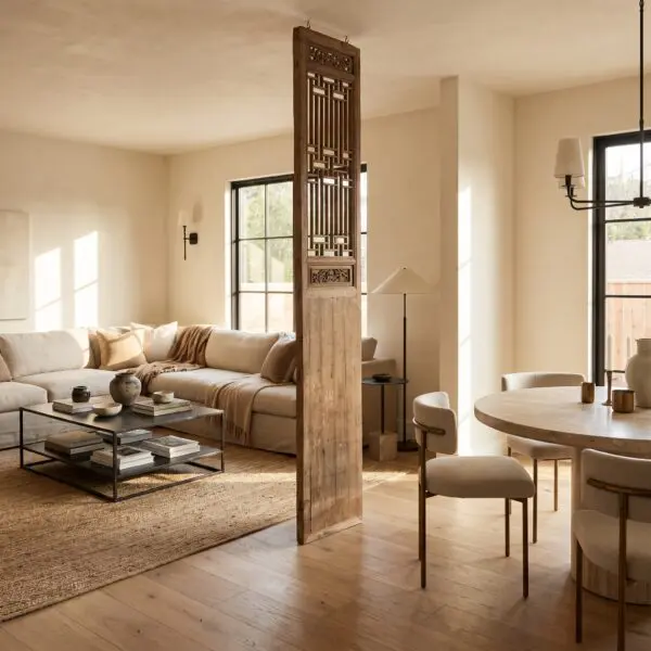 Living room with a carved wooden room divider separating a beige sofa from a sunlit seating area and large windows behind it