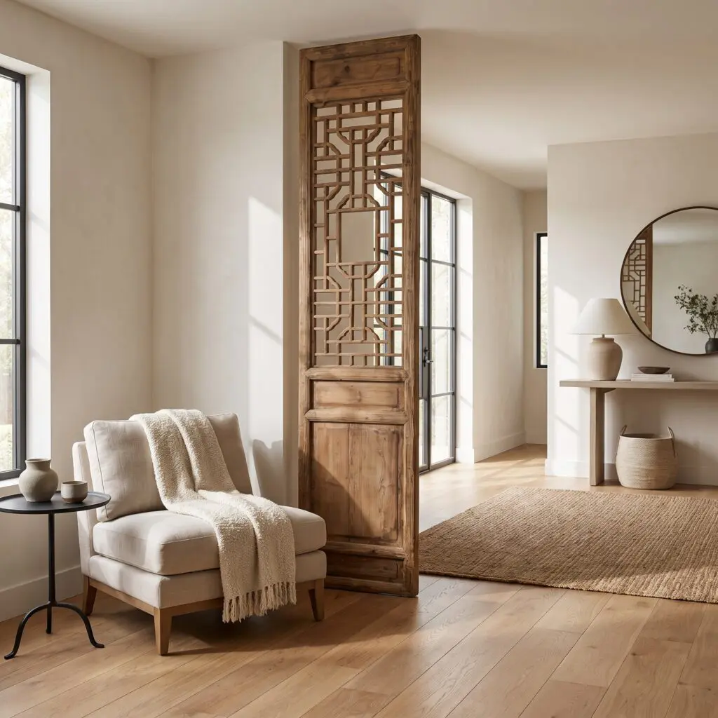 Tall carved wooden lattice screen standing beside large windows in a sunlit living room with beige walls and a beige armchair nearby.