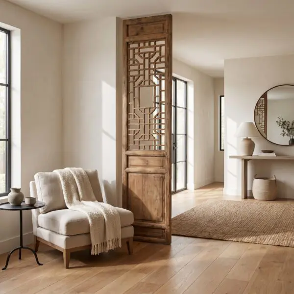 Tall carved wooden lattice screen standing beside large windows in a sunlit living room with beige walls and a beige armchair nearby.