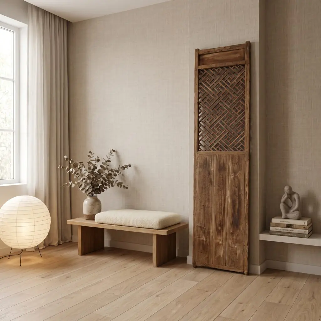 Corner of a beige living room with a tall woven wood screen beside a bench holding cream towels and a vase of eucalyptus, near a large window with sheer curtains.",