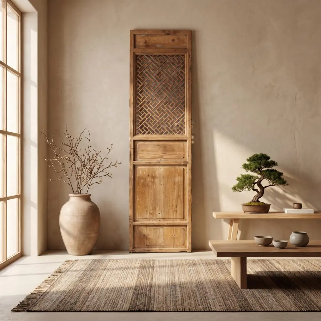 Tall wooden cabinet with a lattice panel against a beige wall, near a window.