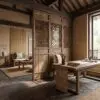 Traditional wooden room with carved lattice screens, low tables, and warm natural light in an Asian-inspired study.