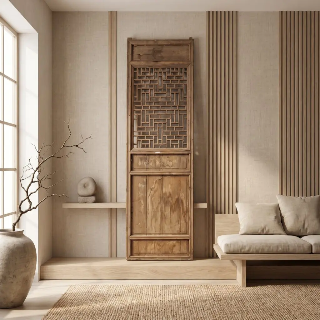Wooden cabinet with a decorative lattice panel stands against beige textured walls, flanked by vertical wood channels and soft natural light from a window on the left.