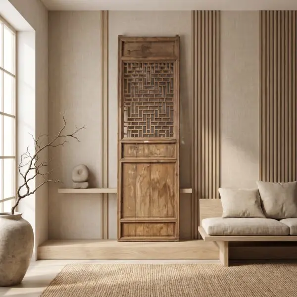 Wooden cabinet with a decorative lattice panel stands against beige textured walls, flanked by vertical wood channels and soft natural light from a window on the left.