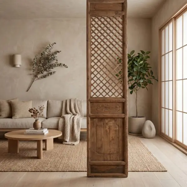 Beige living room with a tall wooden lattice divider, a neutral sofa with cushions and a knitted throw, a round coffee table, and leafy plants by large windows.