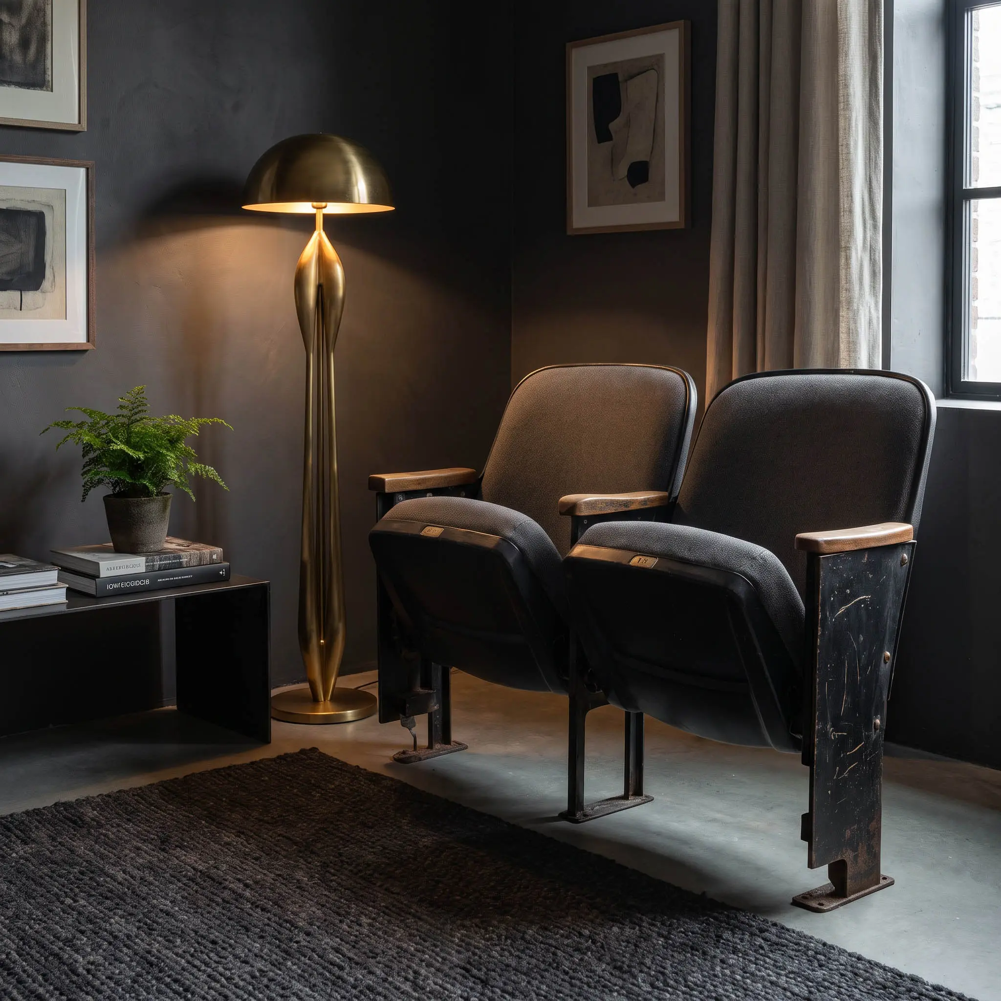 Antique architectural pieces and vintage seating in a styled interior