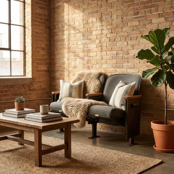Cozy industrial seating area with two vintage chairs, fur throw, striped pillows, and a wooden coffee table by a brick wall and large window.