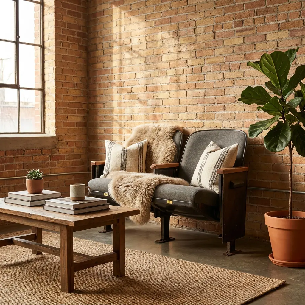 Cozy industrial seating area with two vintage chairs, fur throw, striped pillows, and a wooden coffee table by a brick wall and large window.