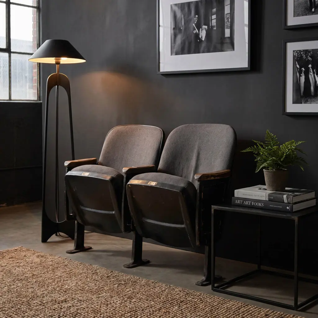 Three vintage theater chairs against a dark wall with a tall floor lamp and framed black-and-white photos.