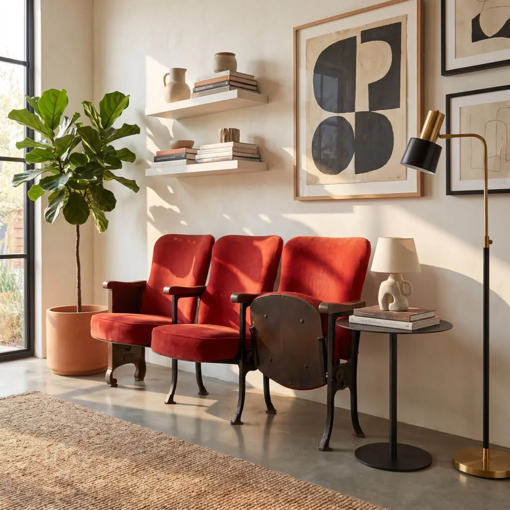 Cozy living room corner with red upholstered chairs, a plant, white shelves, and abstract artwork on beige walls.