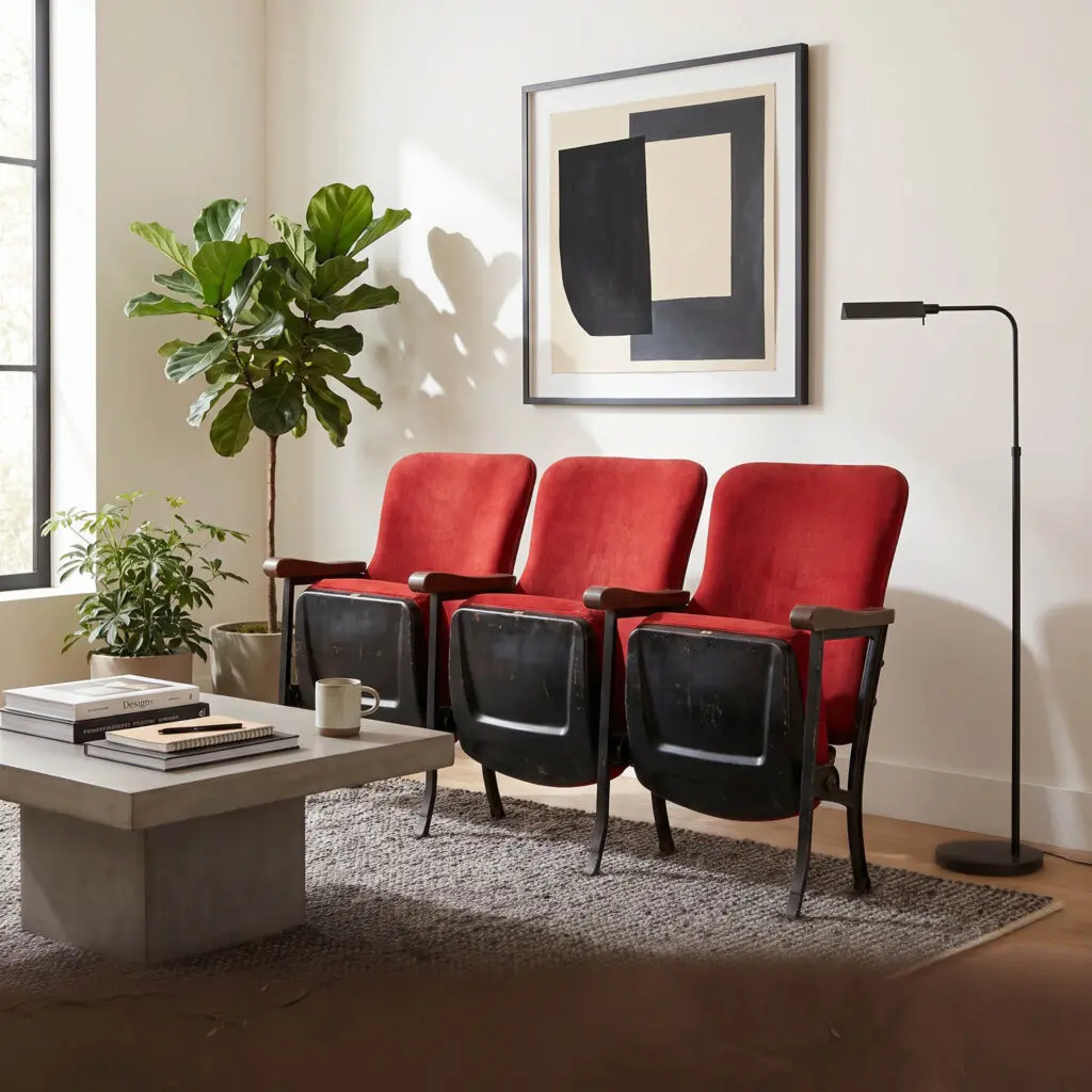 Corner of a living room with red upholstered chairs, a low coffee table, a green plant, and a large geometric framed artwork on the wall.
