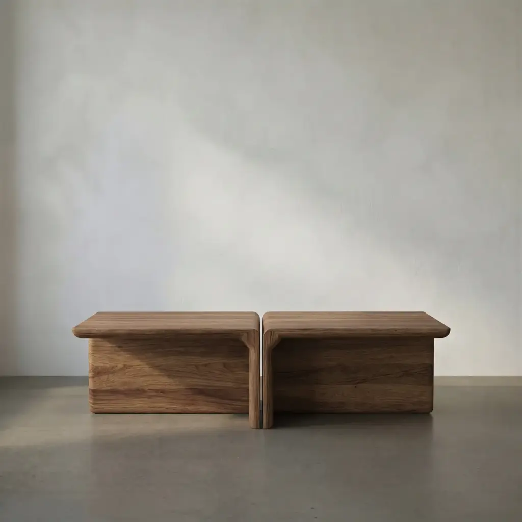 Two low wooden benches with rounded edges, joined in the center, placed on a gray floor against a pale wall.
