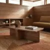 Wood-paneled living room with a low coffee table, geometric sculpture, and a beige sofa; book titled Organic Architecture on the table.