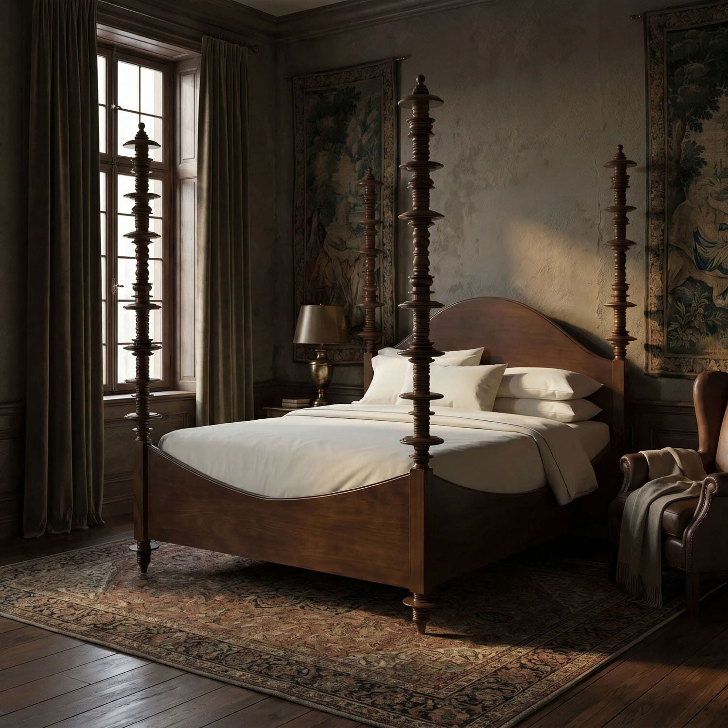 Dimly lit antique bedroom featuring a carved four-poster wooden bed, heavy drapes, and tapestry walls.