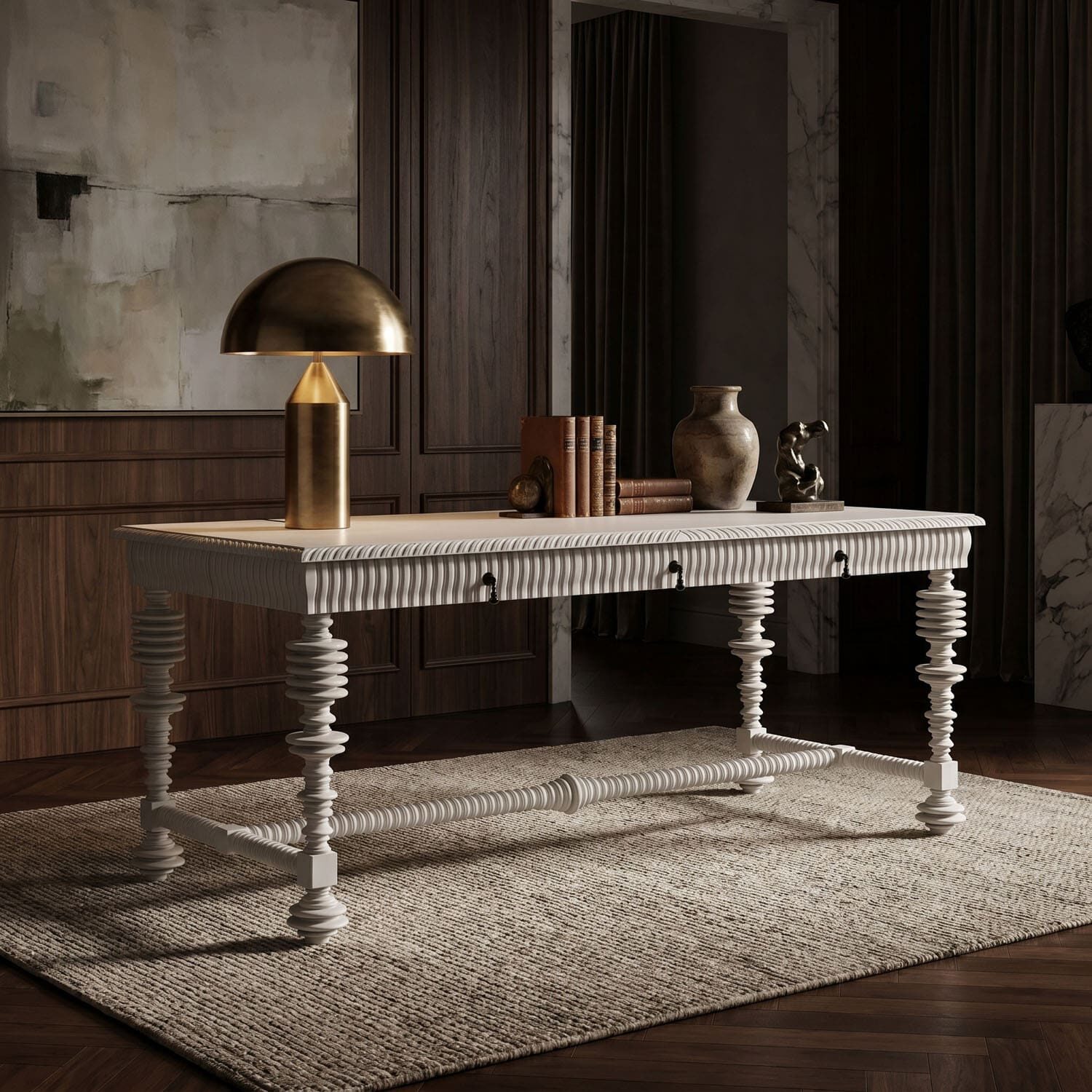 Antique white table with spiraled legs, brass lamp, books, vase, and sculpture in a dark wood-paneled room.
