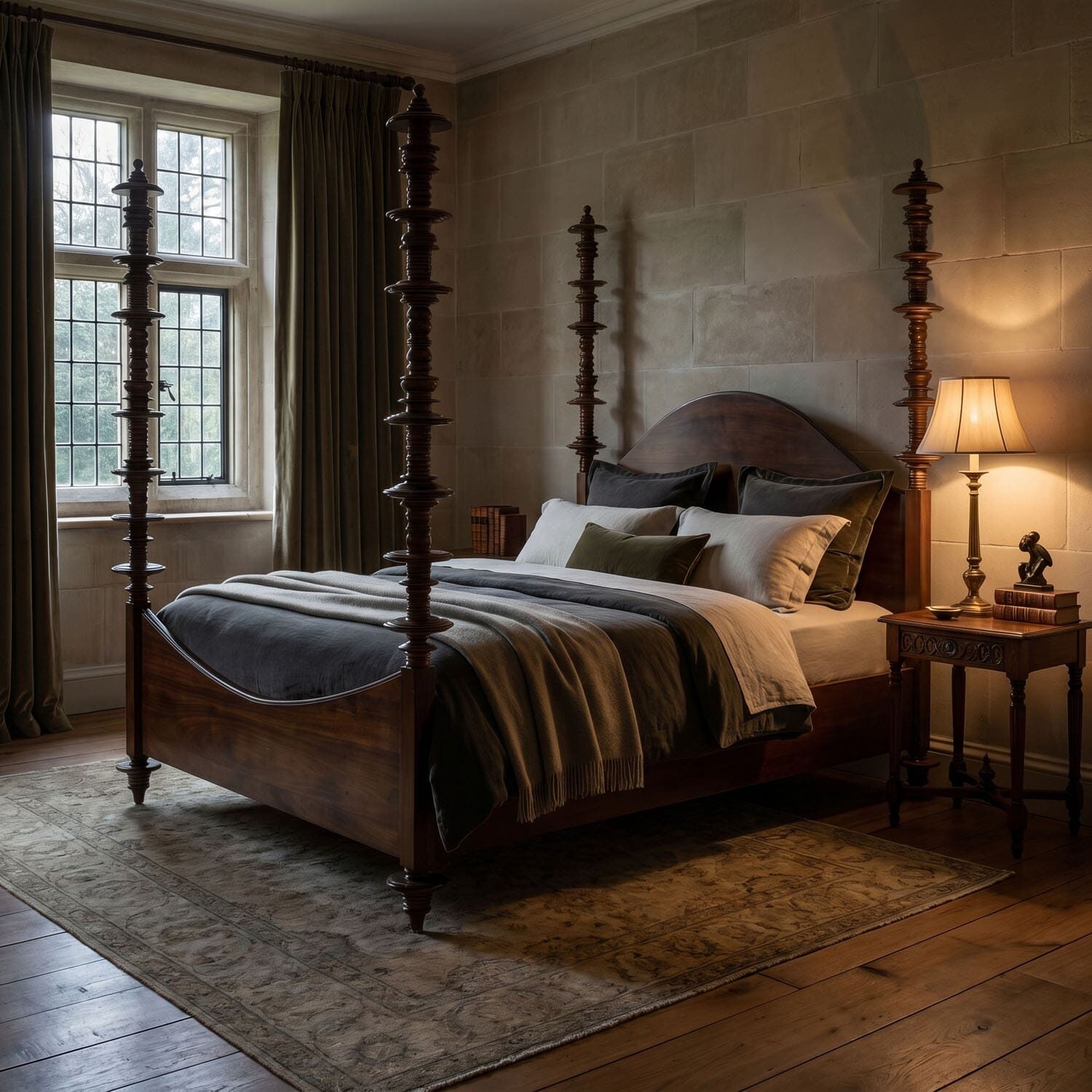 Dimly lit traditional four-poster bed in a stone-walled bedroom with a bedside table lamp.